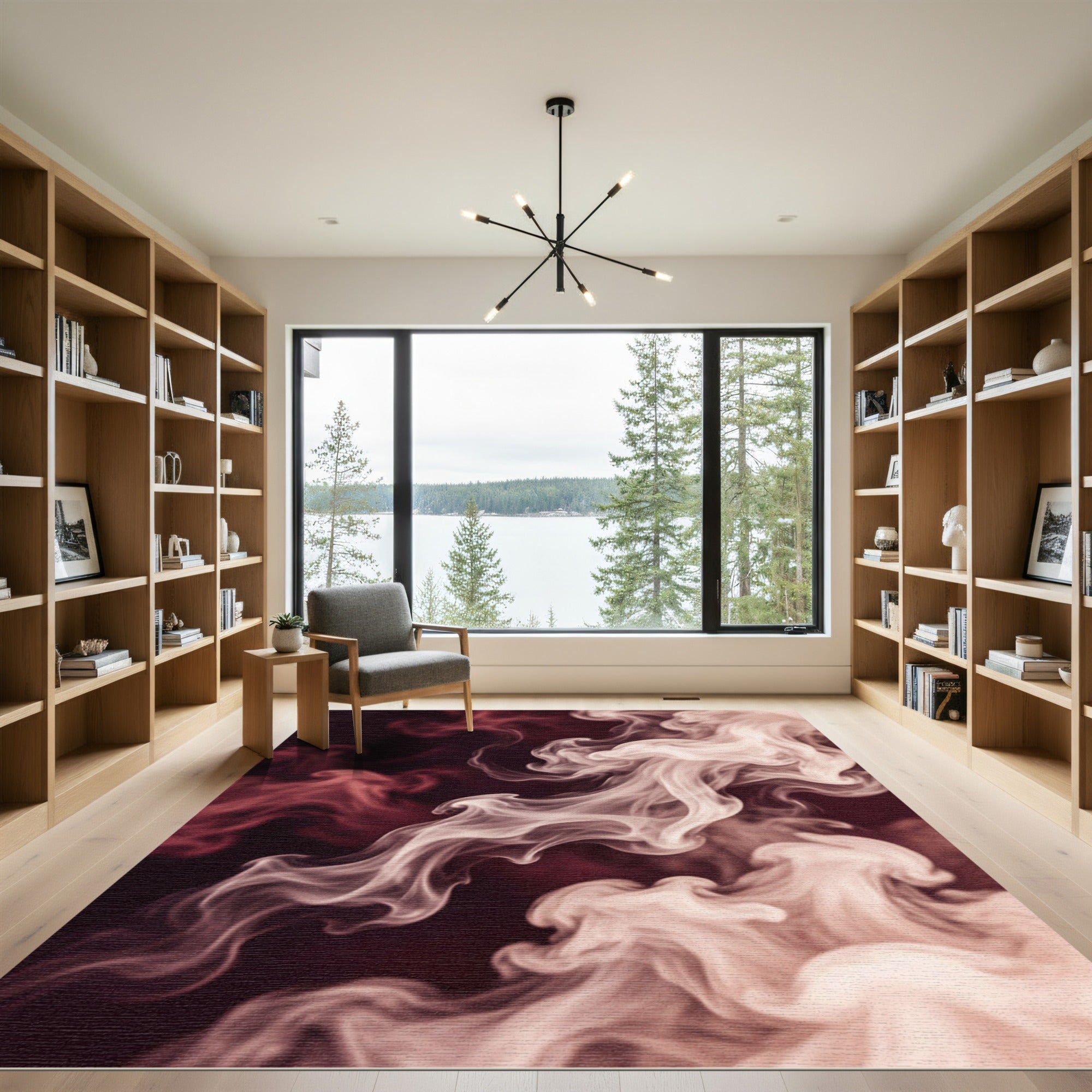 Ethereal Crimson and Cream Smoke Swirl Rug