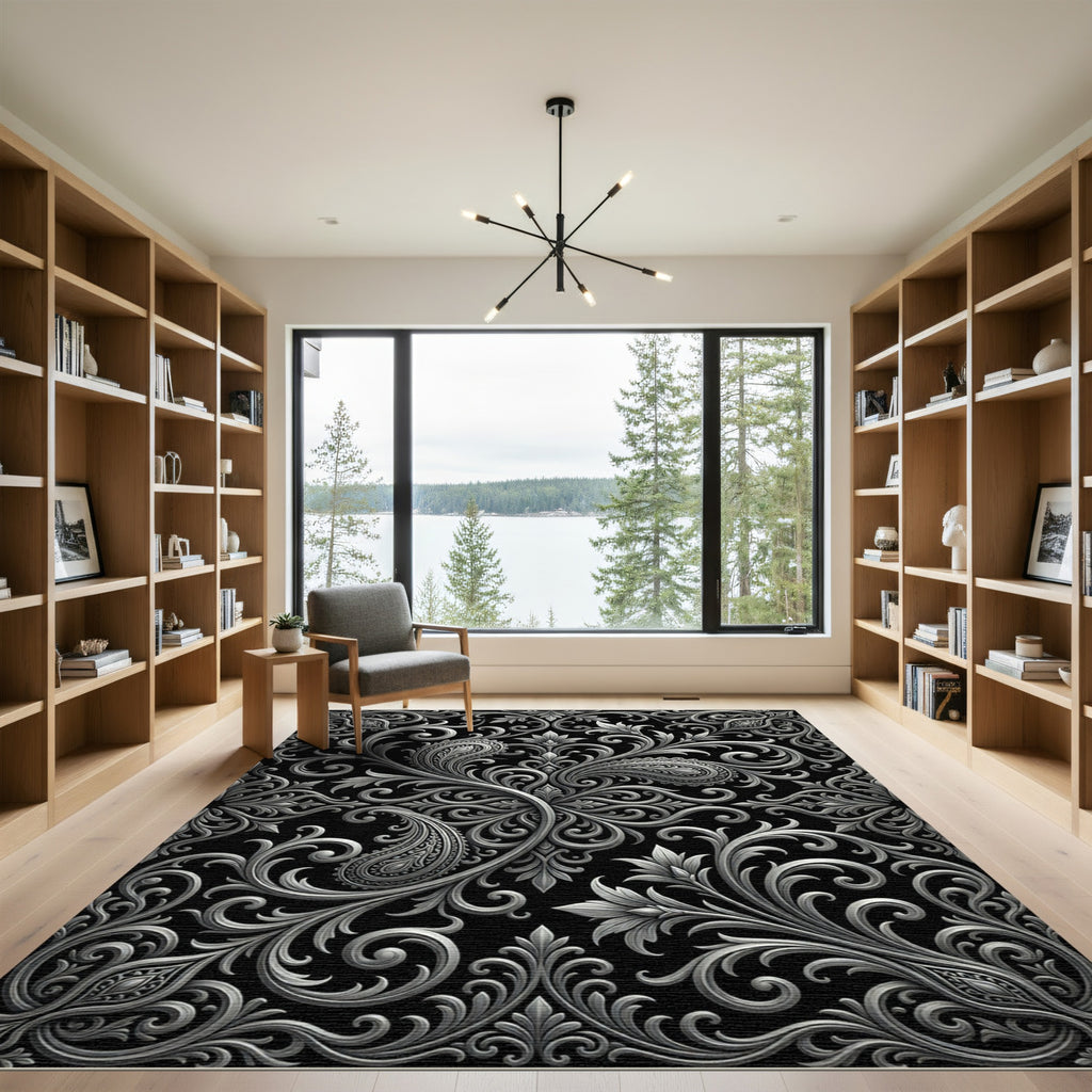 Ornate Silver Paisley Floral Swirls Rug