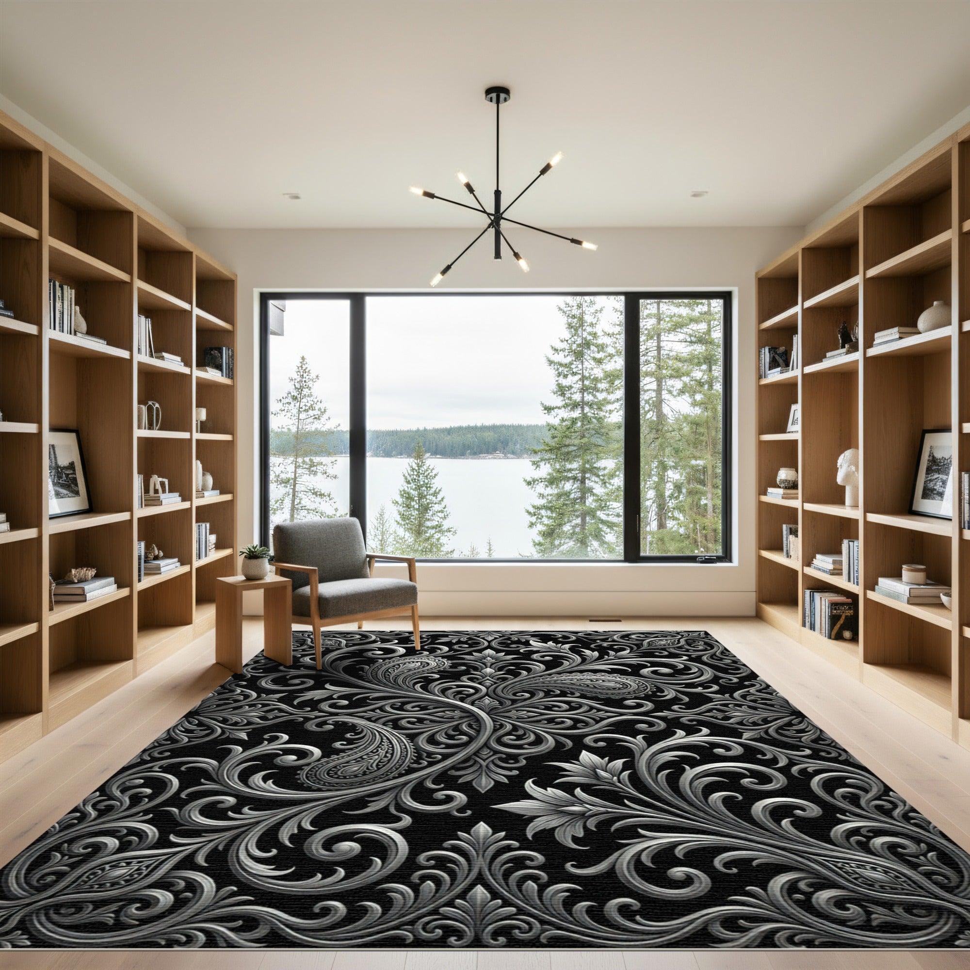Ornate Silver Paisley Floral Swirls Rug