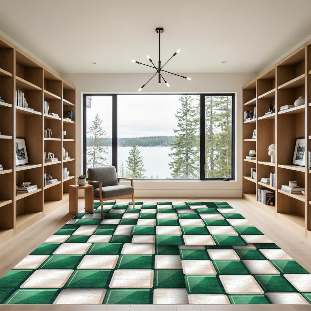 Green White Checkered 3D Squares Harmony Rug