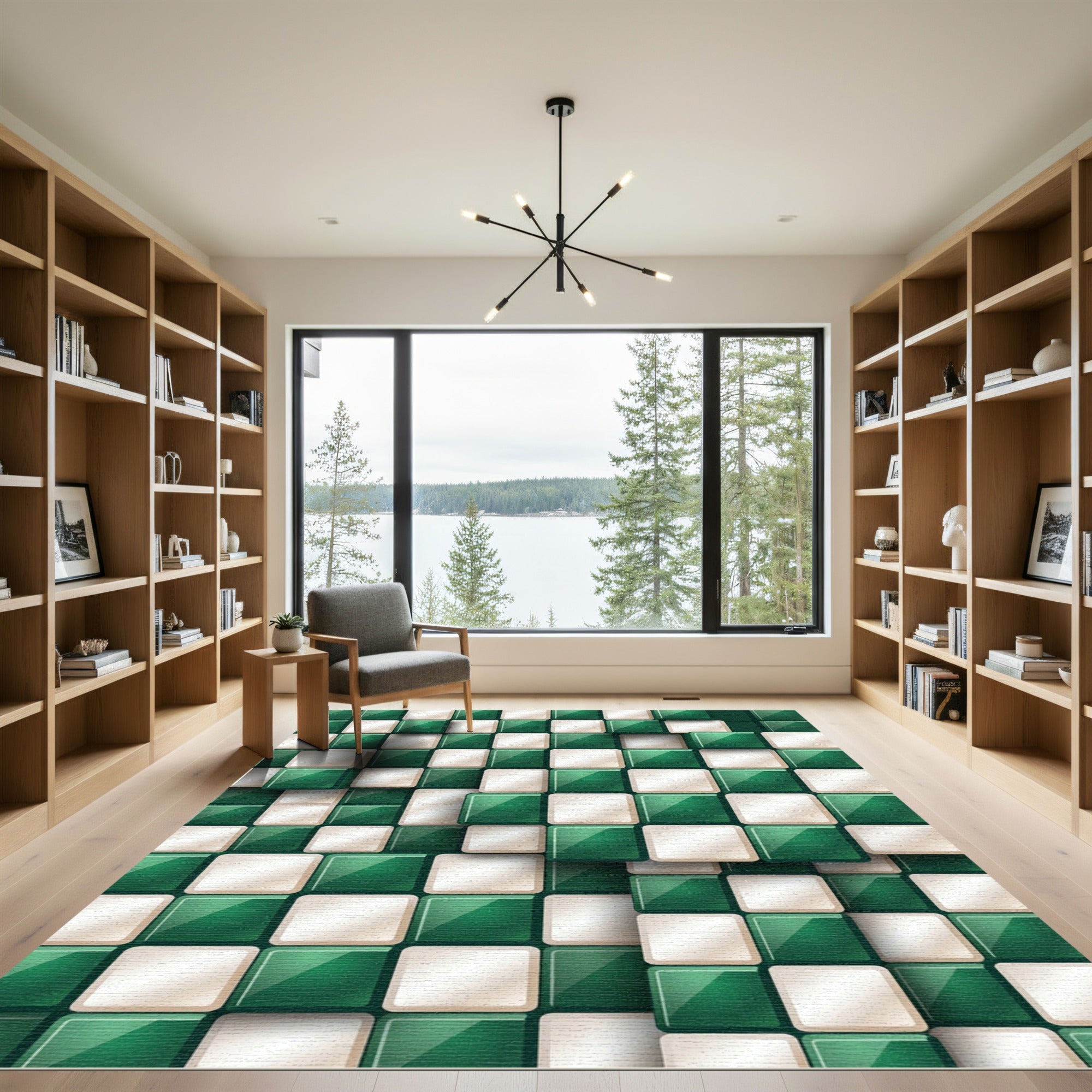 Green White Checkered 3D Squares Harmony Rug