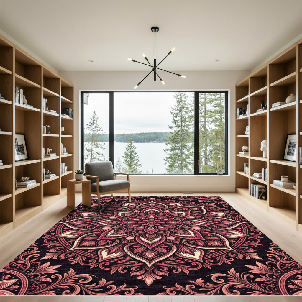 Elegant Burgundy Floral Mandala Tapestry Rug