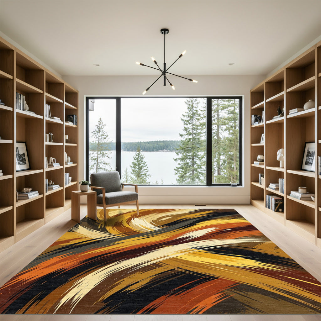 Modern Golden Bronze Abstract Swirl Rug