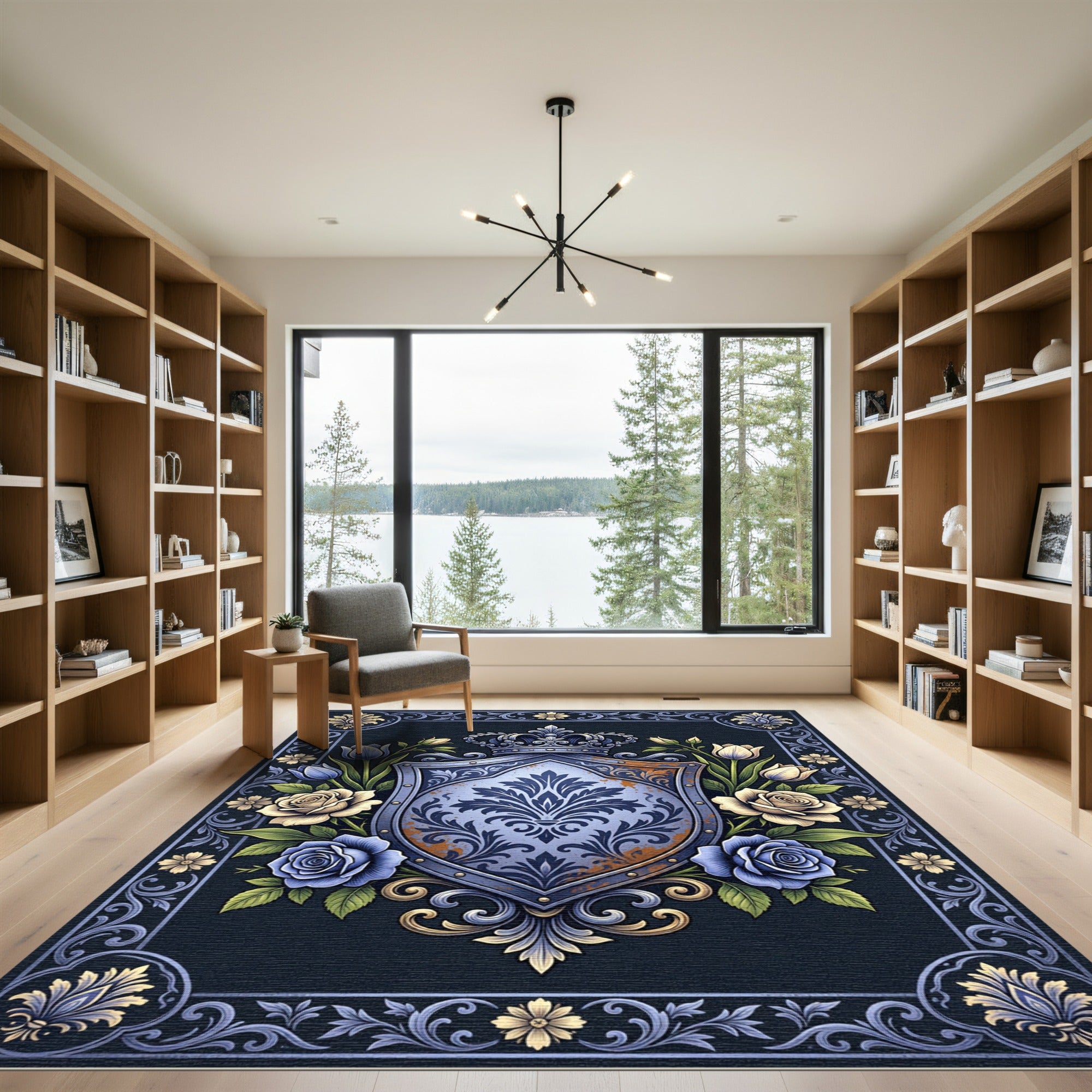 Royal Blue Floral Shield Crest Rug