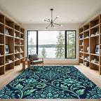 Elegant Teal Botanical Lotus Flourish Rug