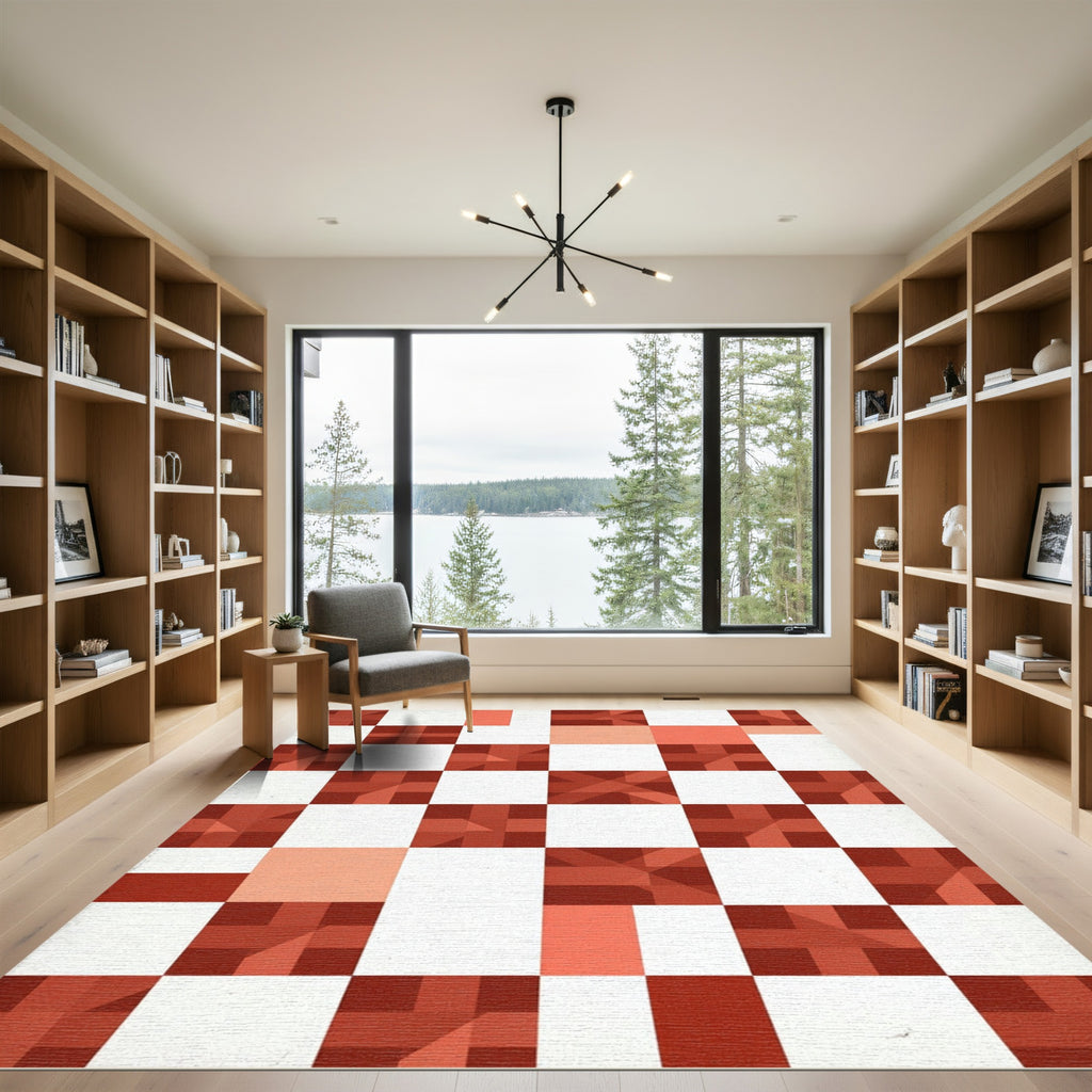 Geometric Terracotta Checkerboard Abstract Grid Rug
