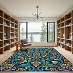 Teal Gold Ornate Floral Symmetry Rug