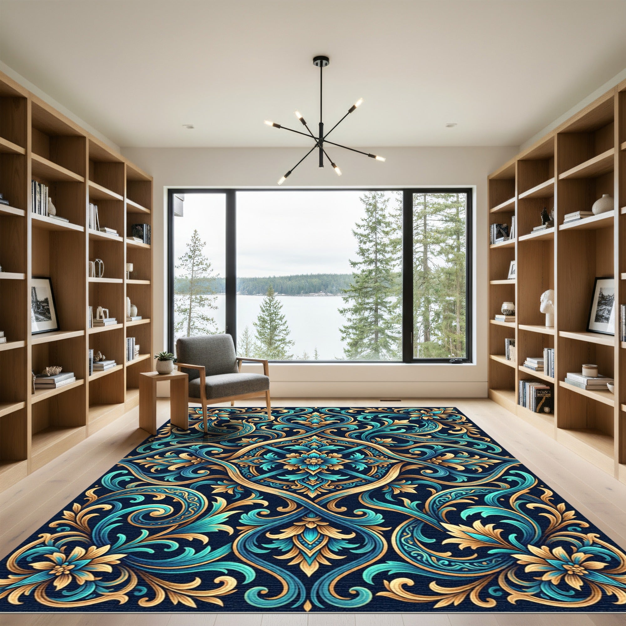 Teal Gold Ornate Floral Symmetry Rug