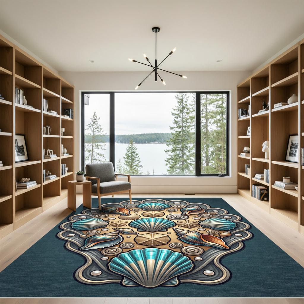 Coastal Teal Shell Medallion Area Rug