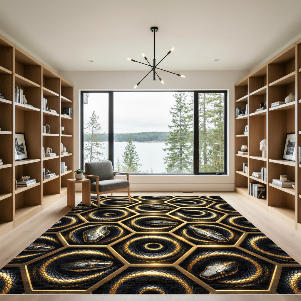 Gilded Serpent Hexagon Geometric Black Gold Rug