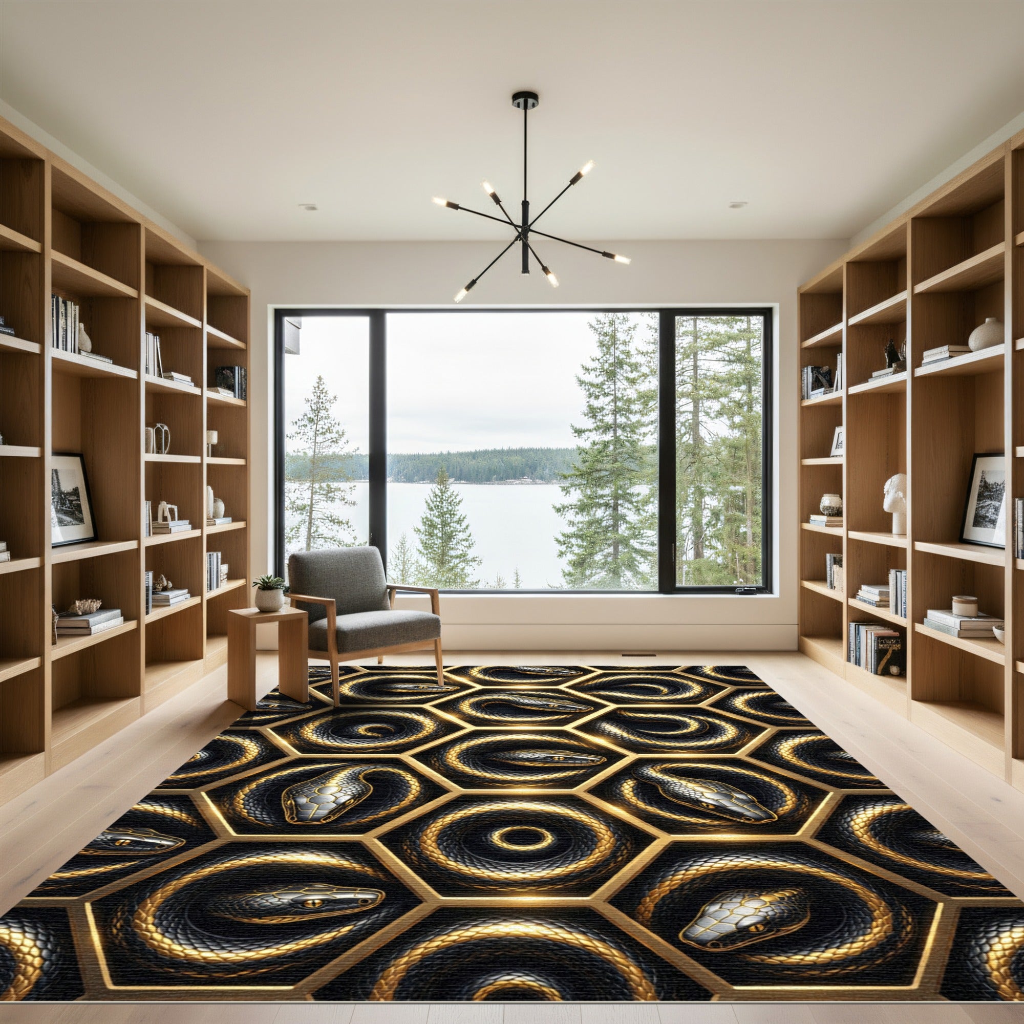 Gilded Serpent Hexagon Geometric Black Gold Rug
