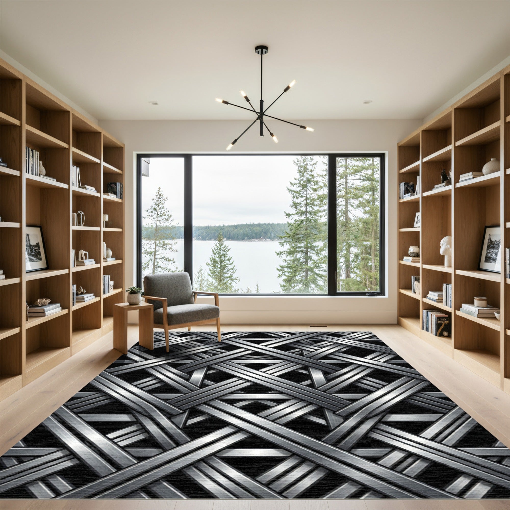 Metallic Silver Interlocking Geometric Weave Rug