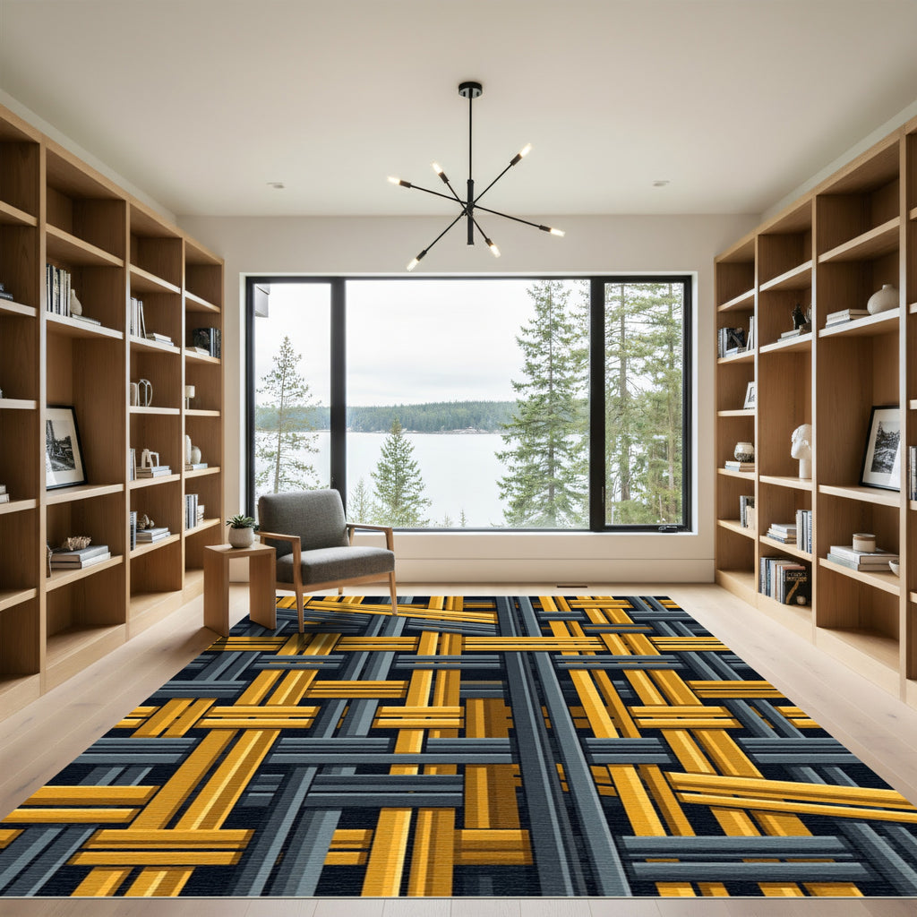 Abstract Weave Yellow Gray Grid Rug