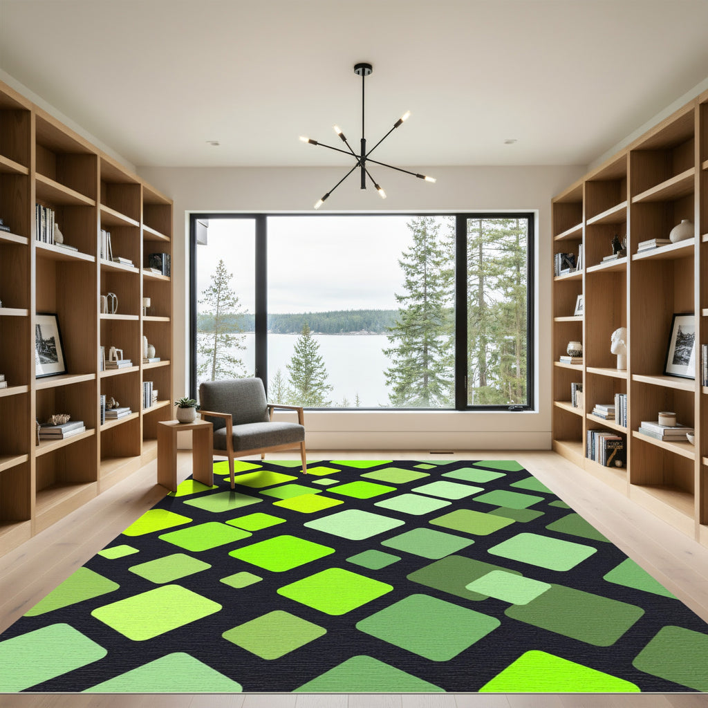 Vibrant Lime Green Geometric Square Mosaic Rug