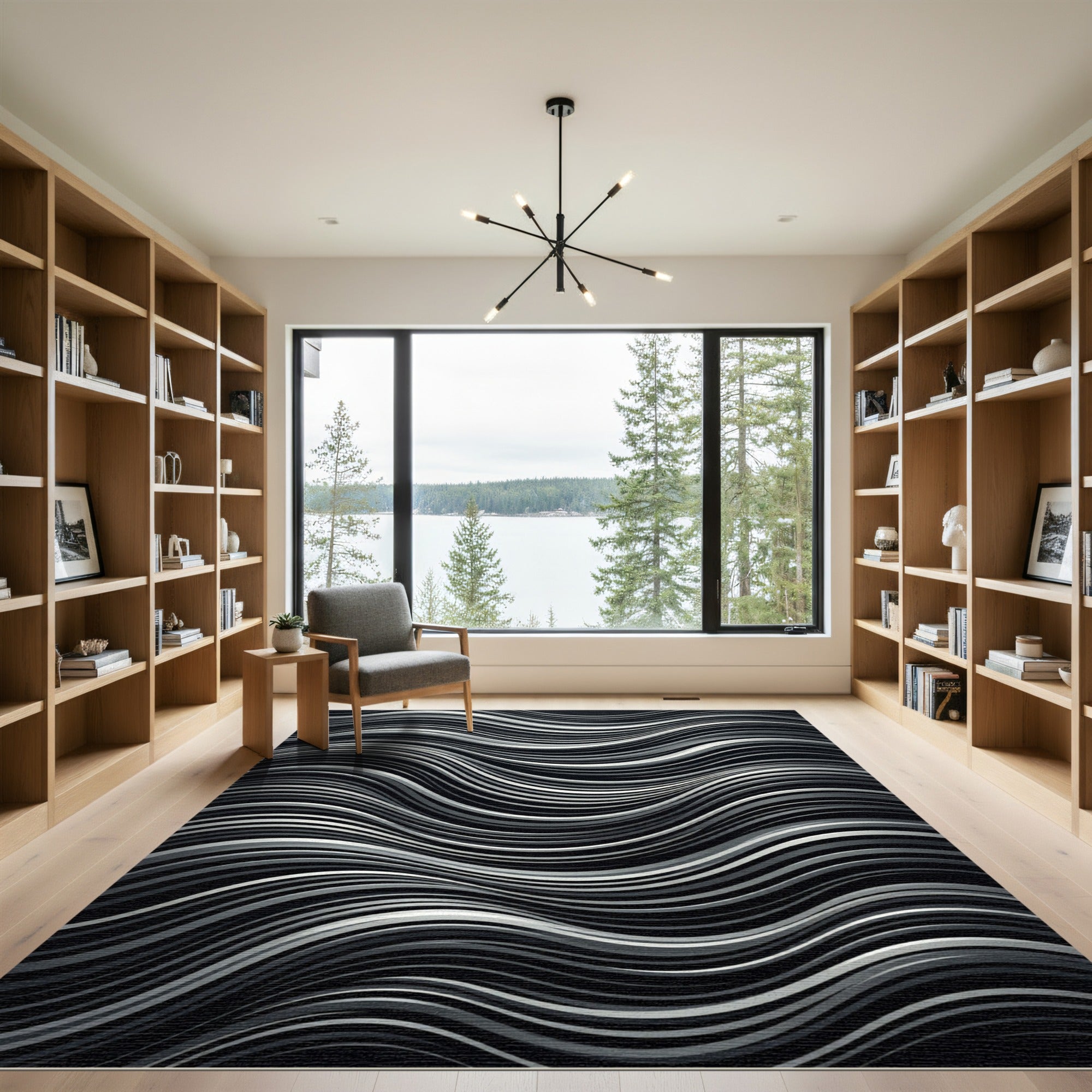 Monochrome Wavy Lines Abstract Liquid Art Rug