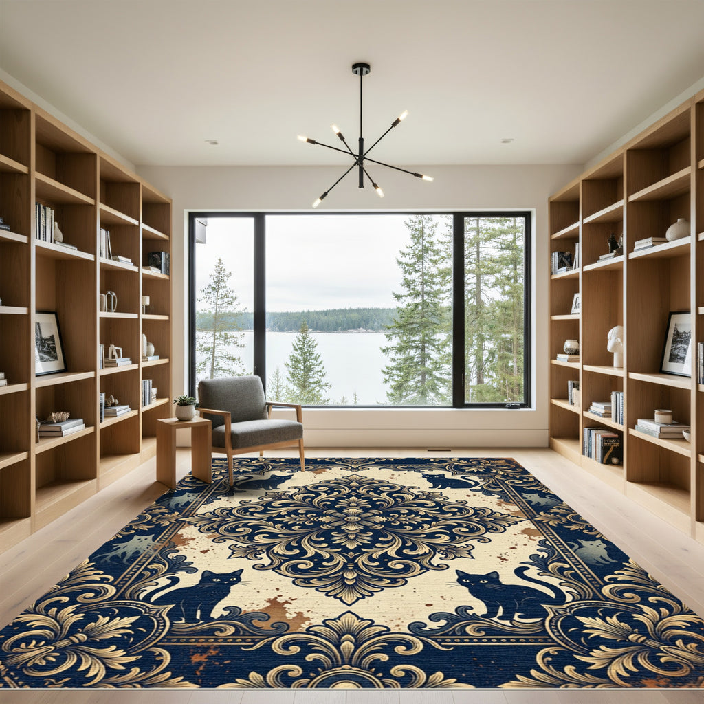 Dark Blue Damask Cat Medallion Rug