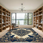 Dark Blue Damask Cat Medallion Rug