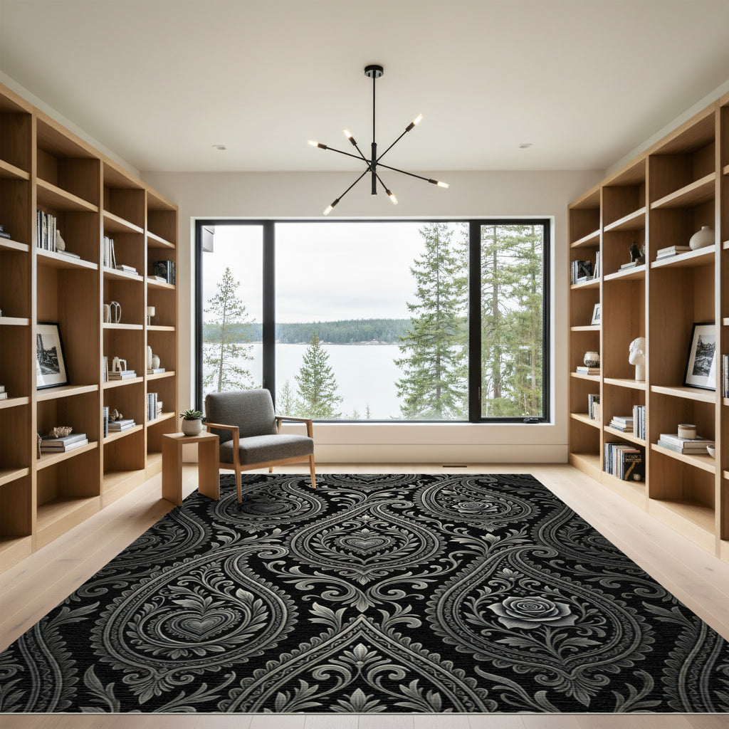 Ornate Silver Paisley Heart Rose Rug