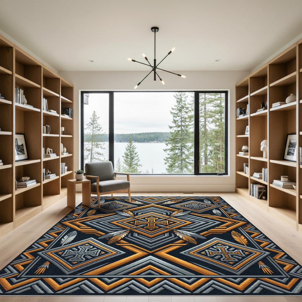 Geometric Gold and Slate Cross Rug