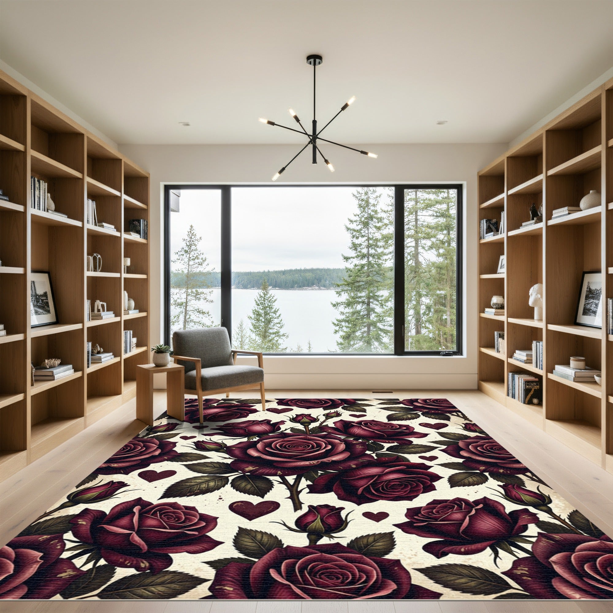Romantic Deep Red Rose Heart Arrangement Rug