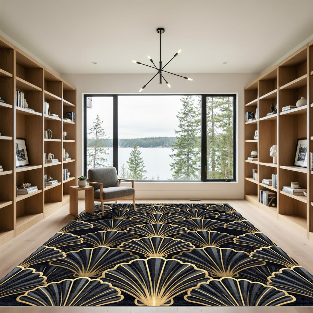 Elegant Gold and Black Art Deco Fan Rug