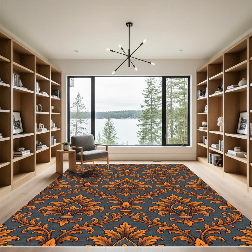 Orange Damask Floral Gold Scroll Rug