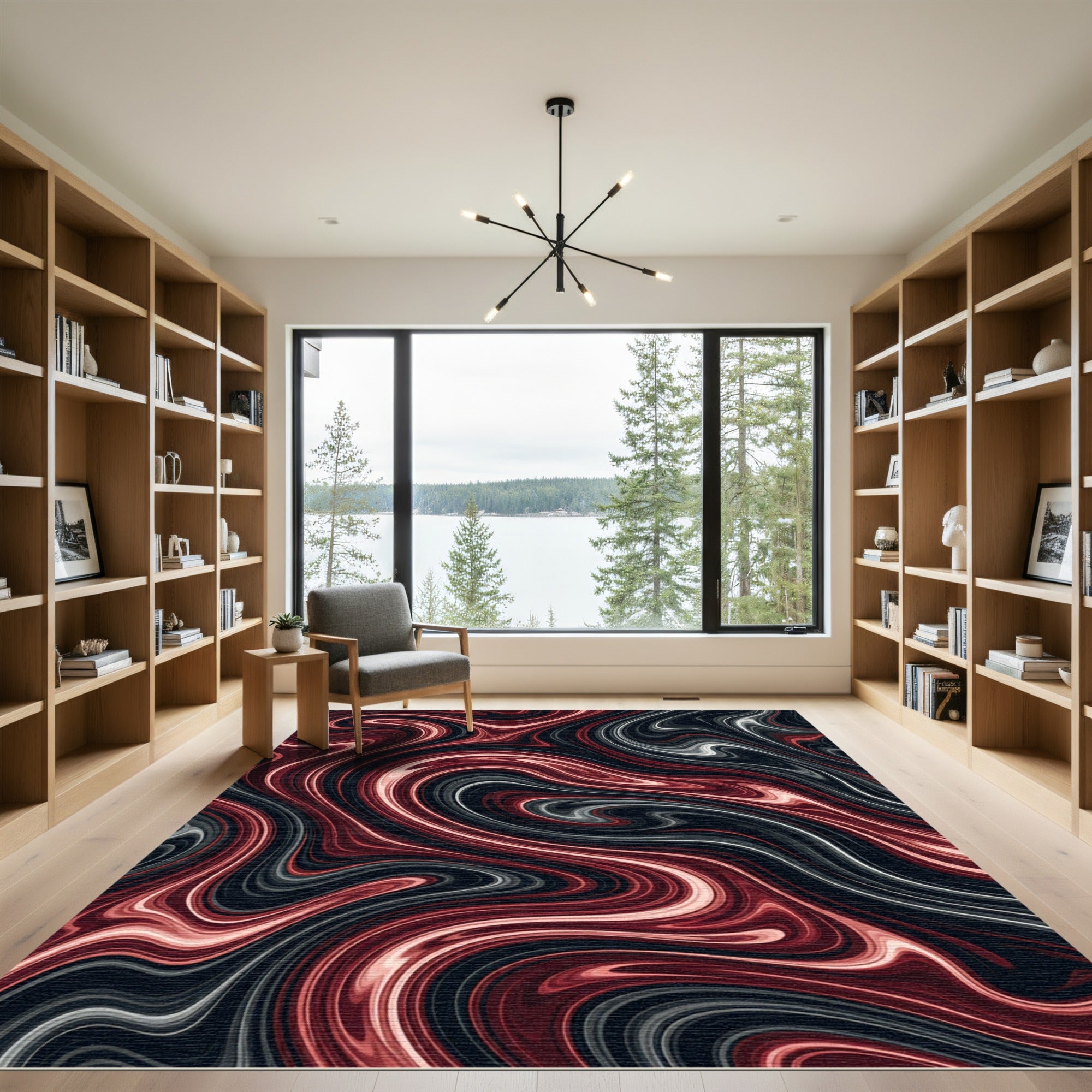 Crimson Black Marble Swirl Rug