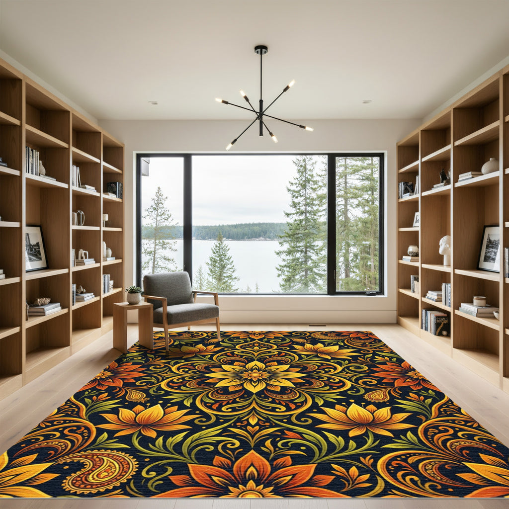 Golden Sunburst Floral Ornate Tapestry Rug
