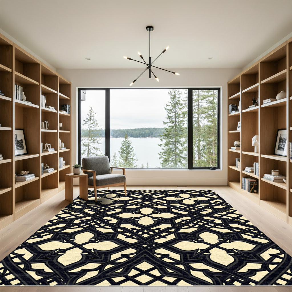 Elegant Black Cream Gothic Quatrefoil Rug