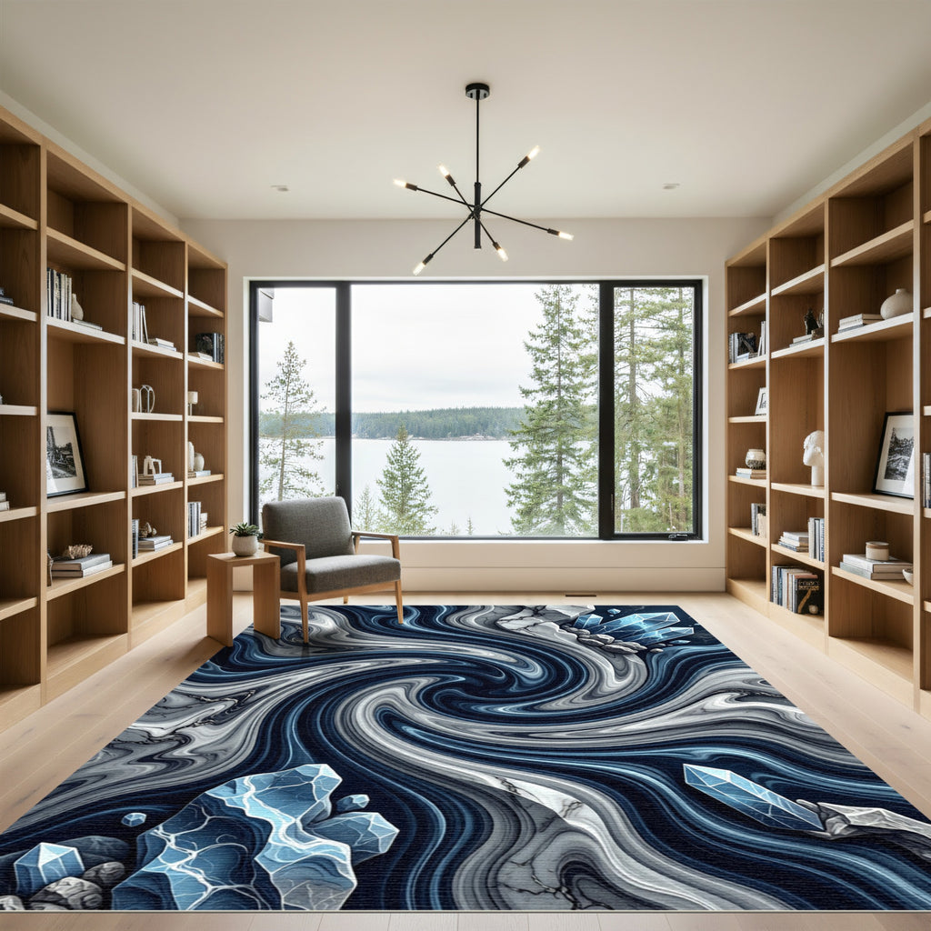 Deep Blue Crystal Swirl Marble Rug