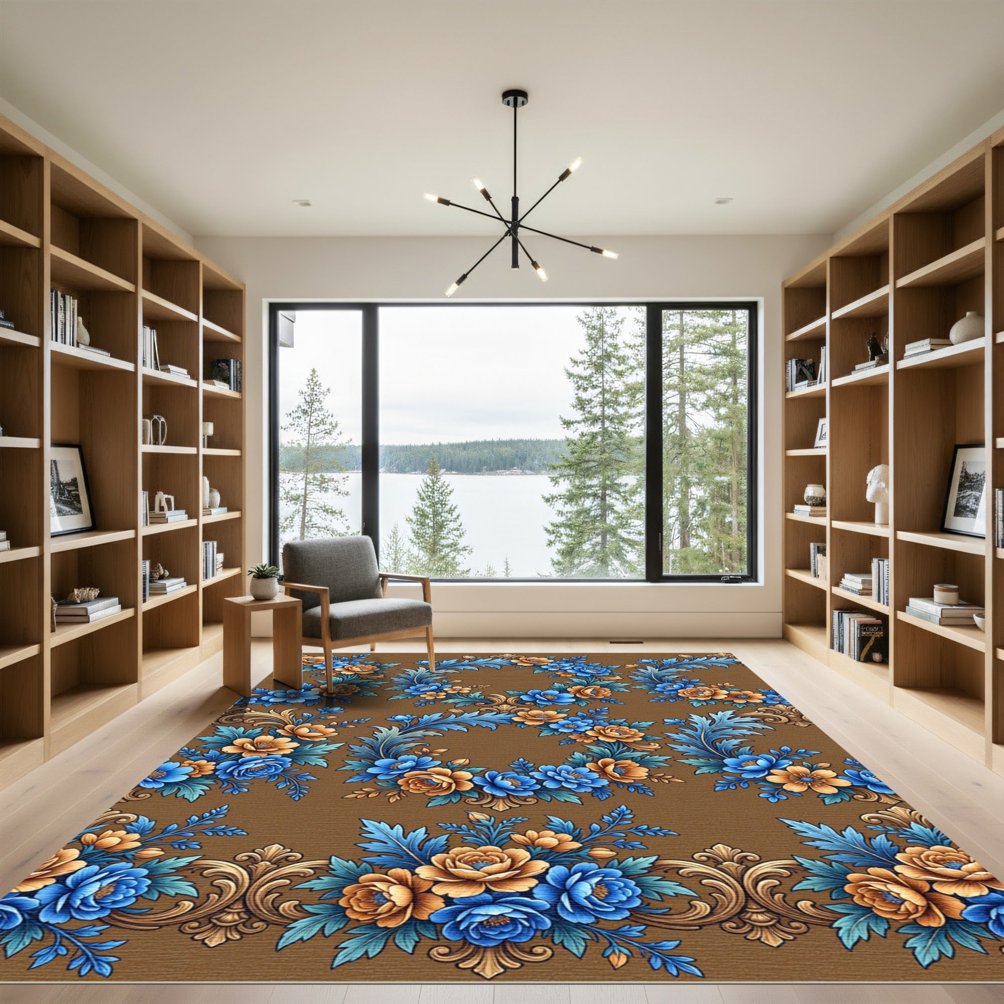 Blue and Golden Baroque Floral Wreath Rug