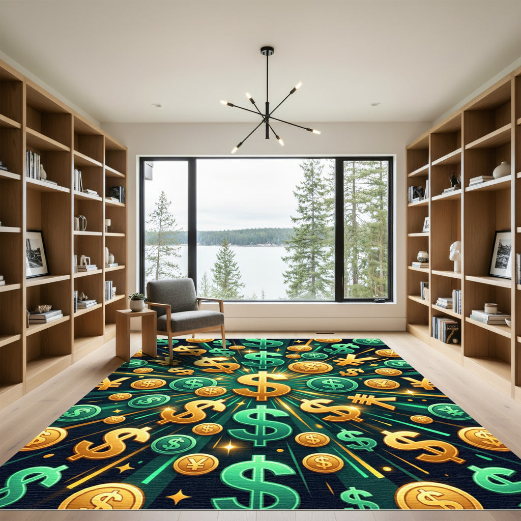 Radiant Golden Currency Explosion Focal Point Rug