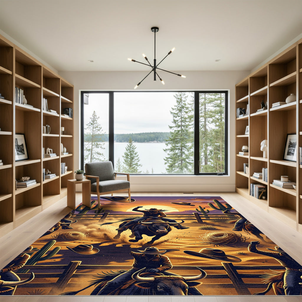 Western Sunset Cowboy Bull Riding Art Rug