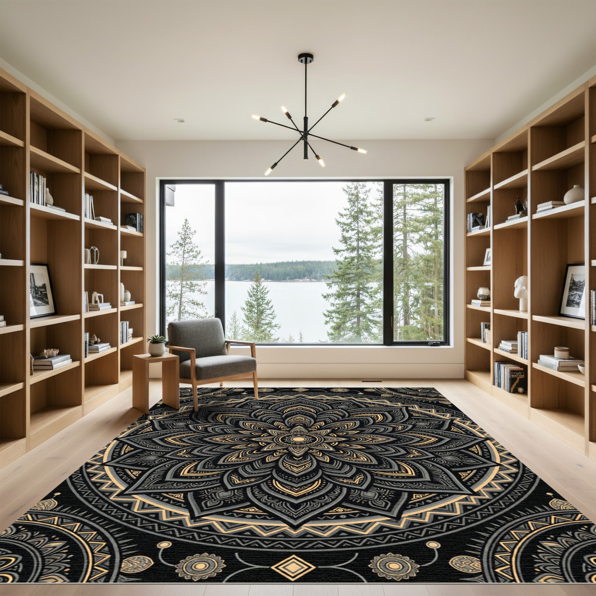 Sophisticated Charcoal Gold Floral Mandala Rug