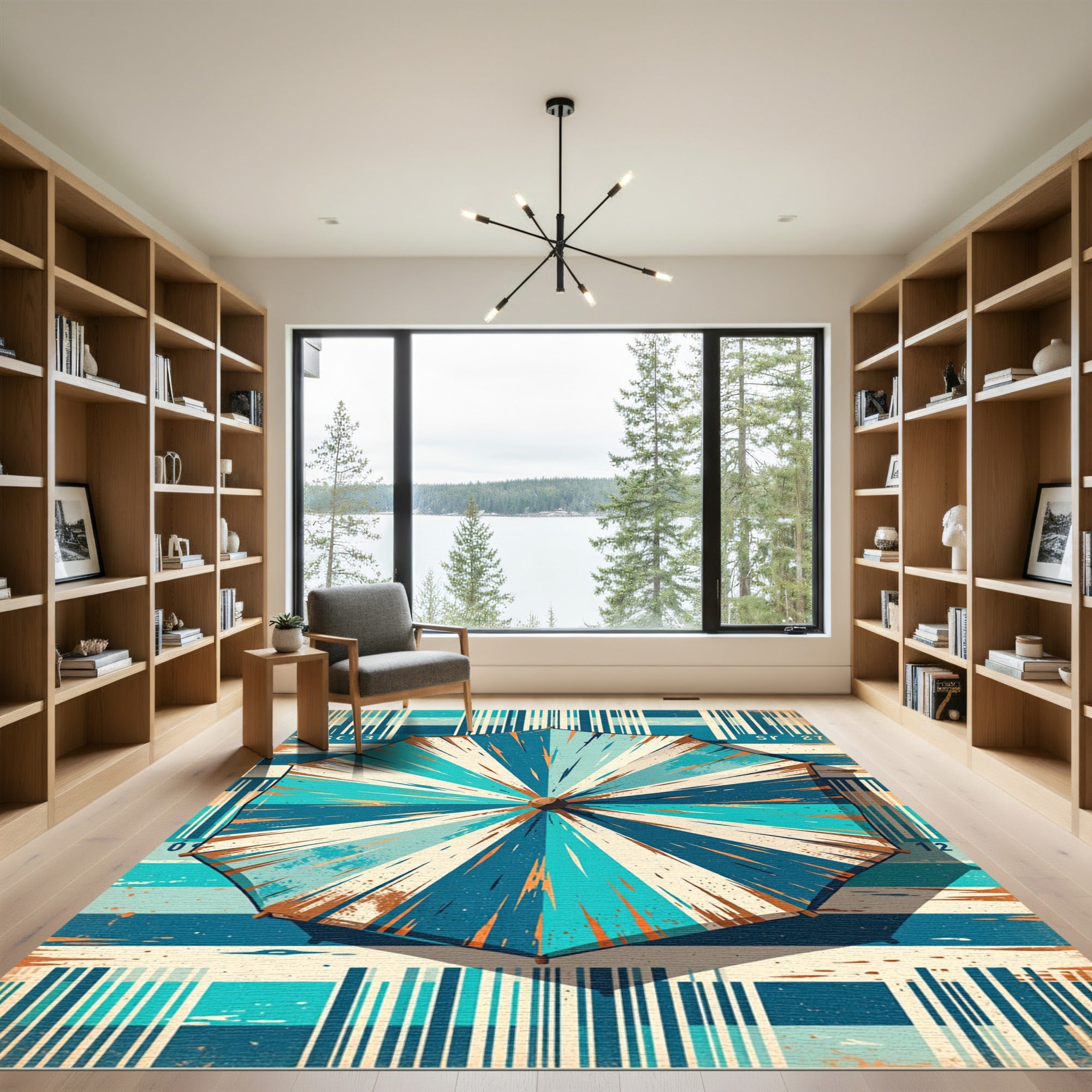 Coastal Teal White Striped Umbrella Ray Rug