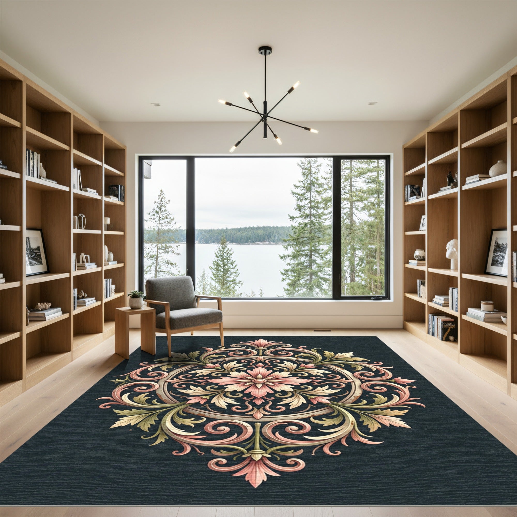 Elegant Blush Floral Scroll Medallion Rug