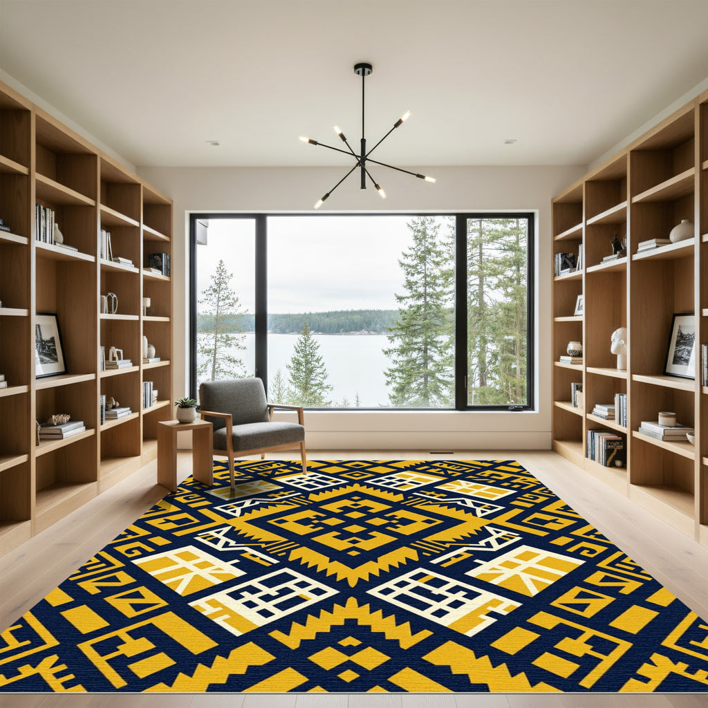 Geometric Gold Navy Aztec Diamond Texture Rug