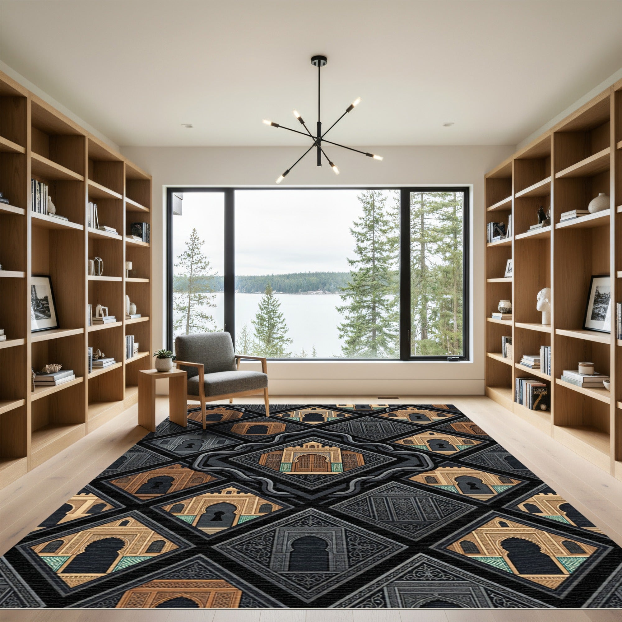 Ornate Archway Geometric Black Gold Grid Rug