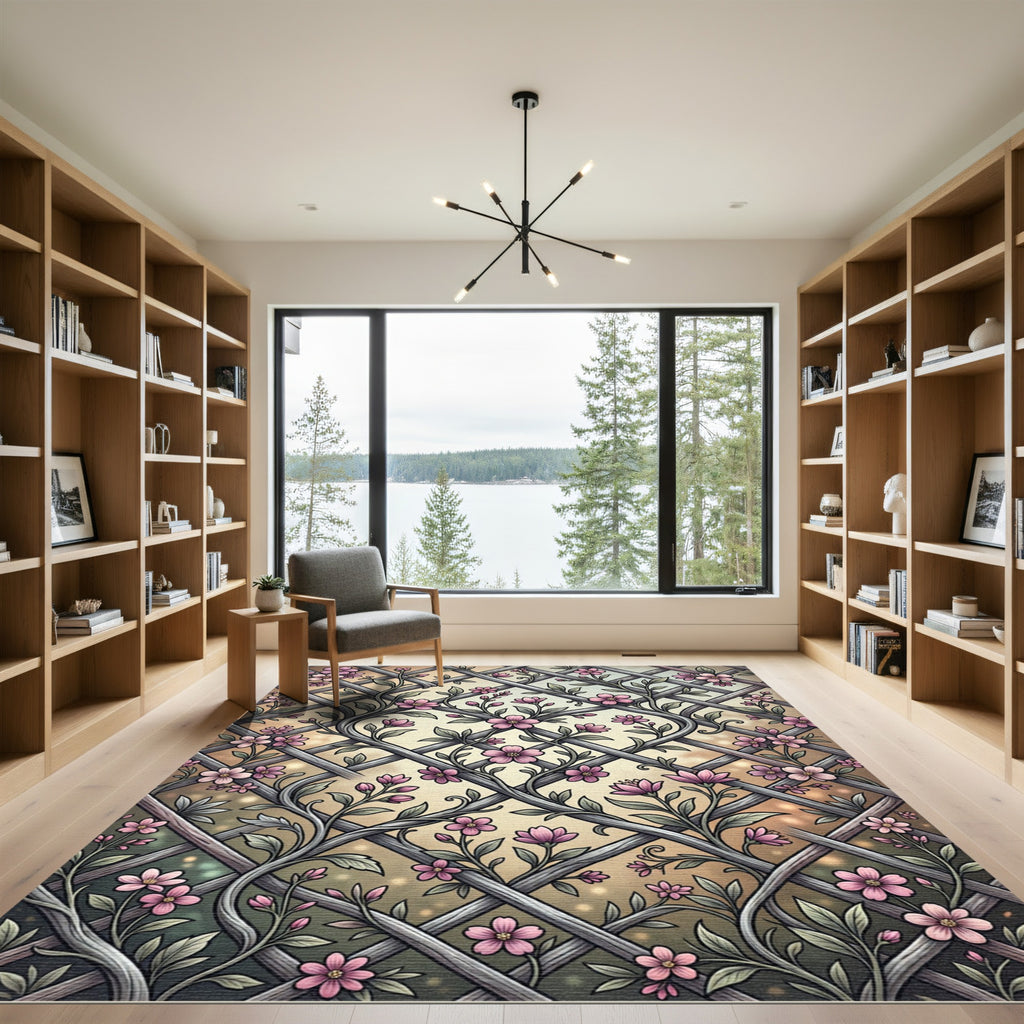 Pink Floral Lattice Garden Vines Rug