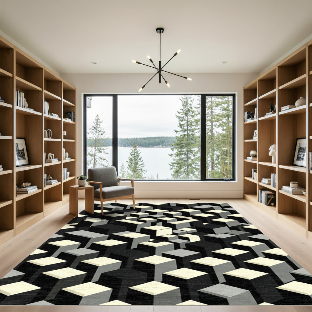 Monochrome Isometric Geometric Cube Rug