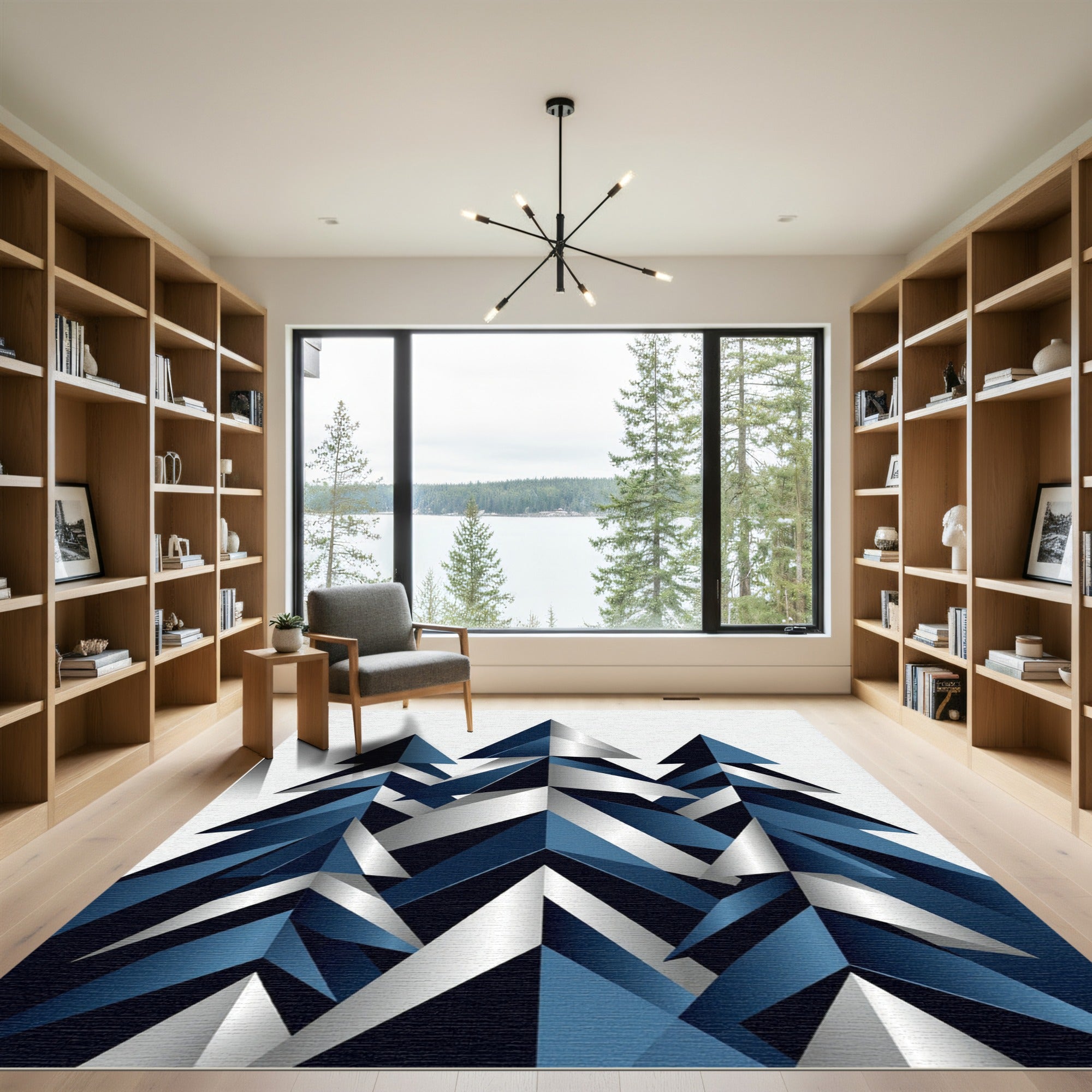 Geometric Metallic Indigo Blue Fir Trees Rug
