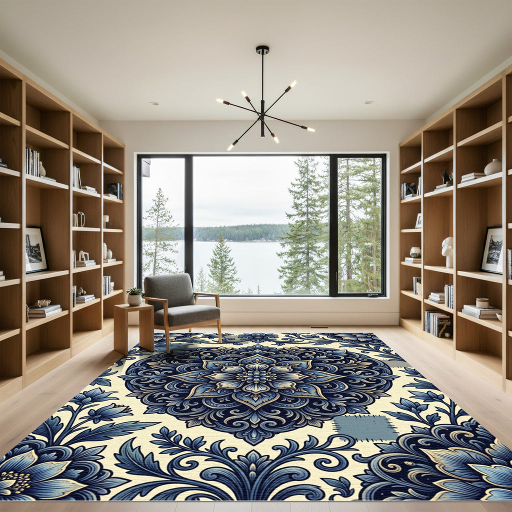 Deep Blue Floral Heart Medallion Rug