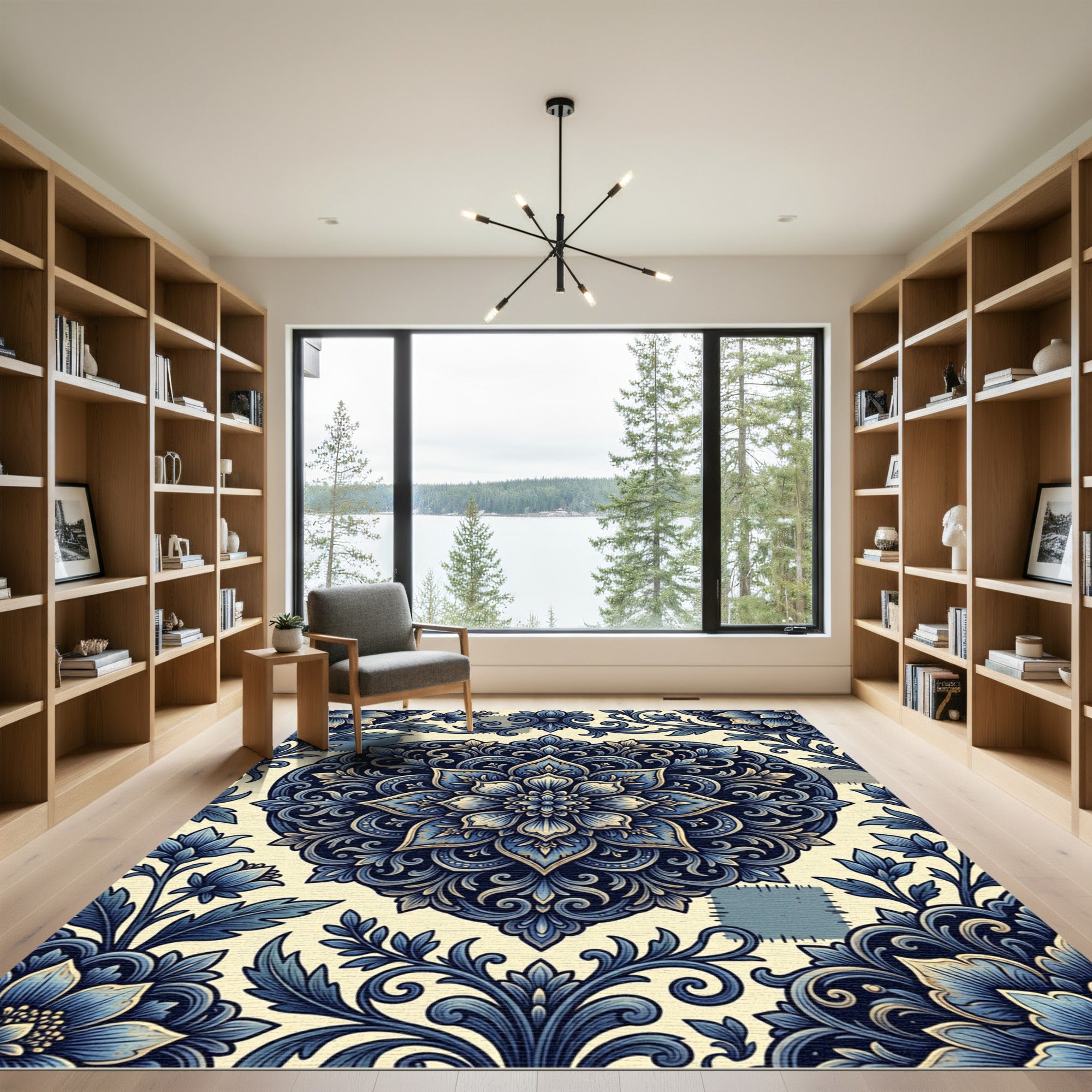 Deep Blue Floral Heart Medallion Rug