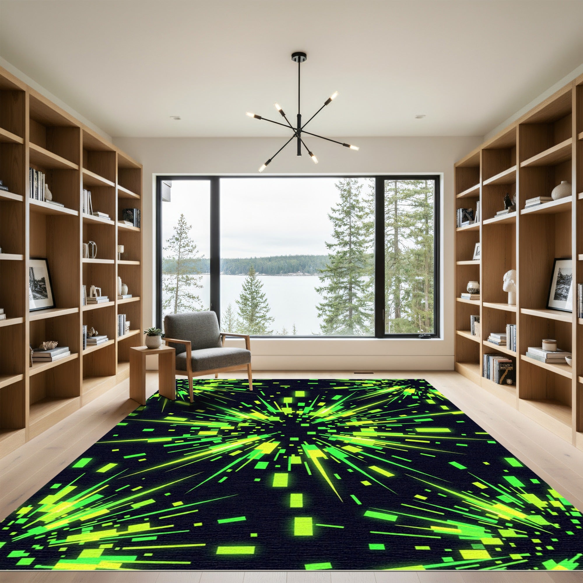 Luminous Neon Green Geometric Burst Rug