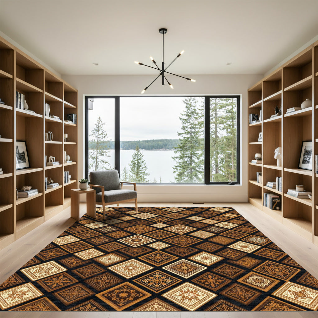 Brown Gold Detailed Square Medallion Rug