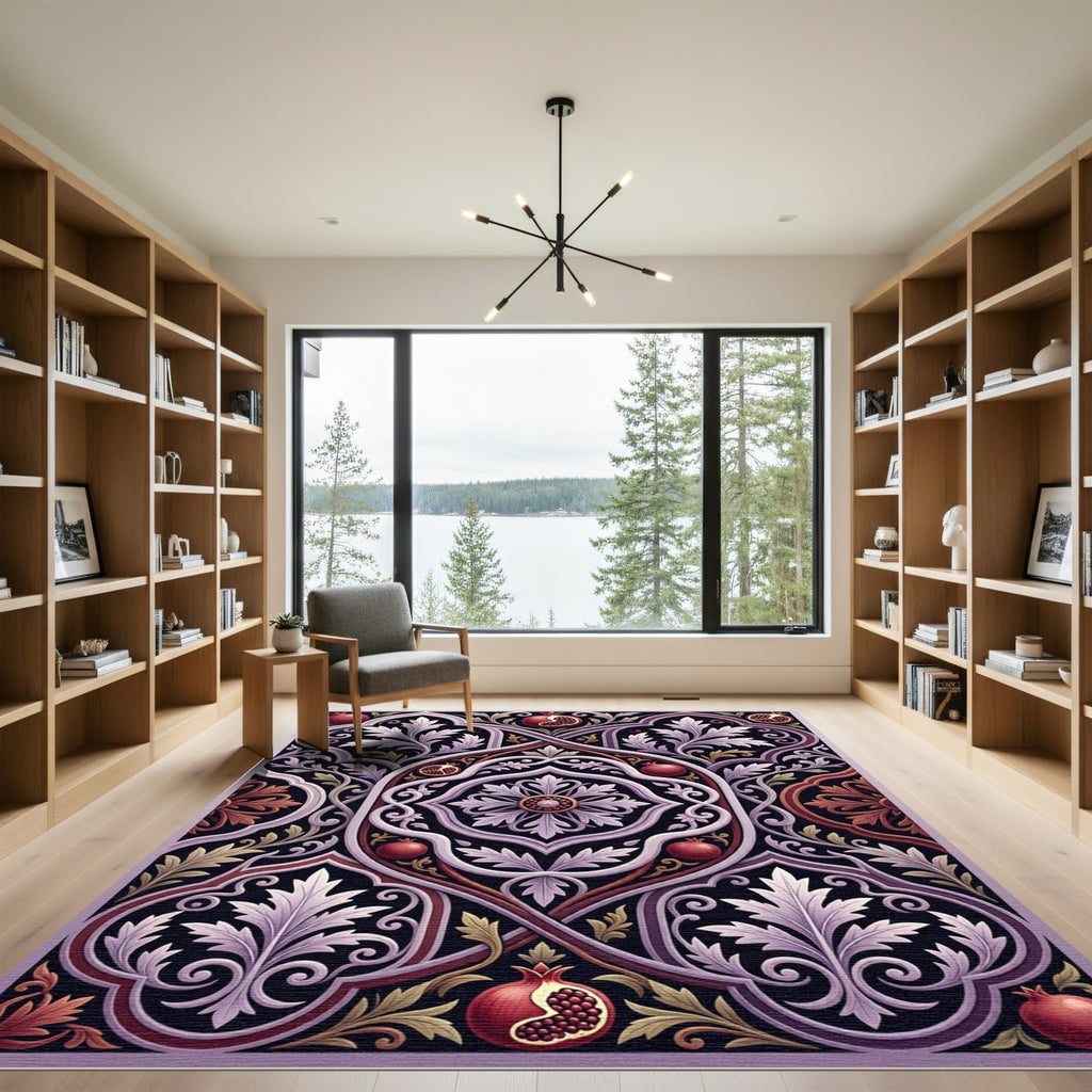 Crimson Pomegranate Floral Scrollwork Rug