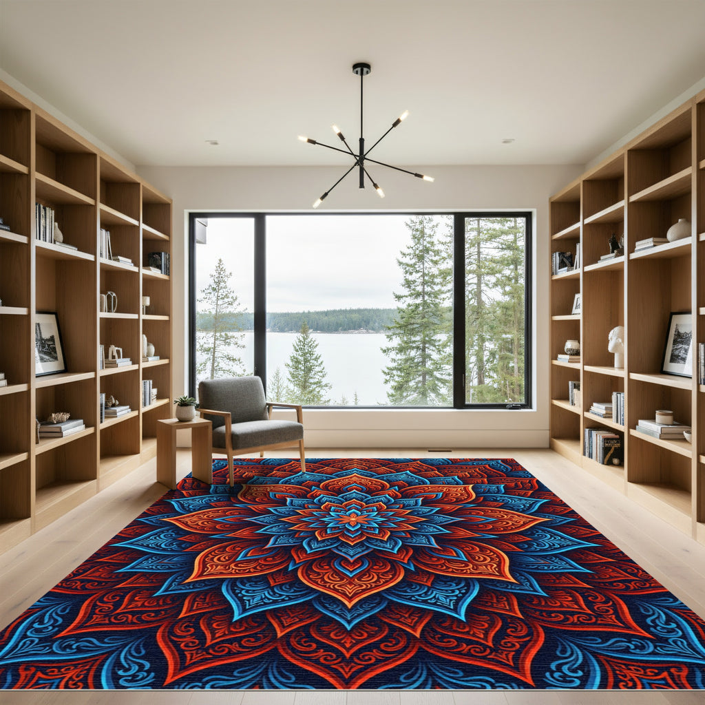 Vibrant Luminous Flame Indigo Mandala Rug