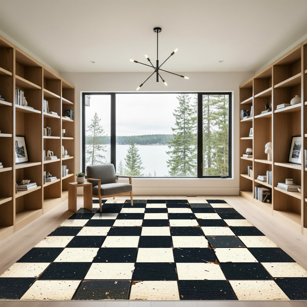 Distressed Black and White Checkered Tile Rug
