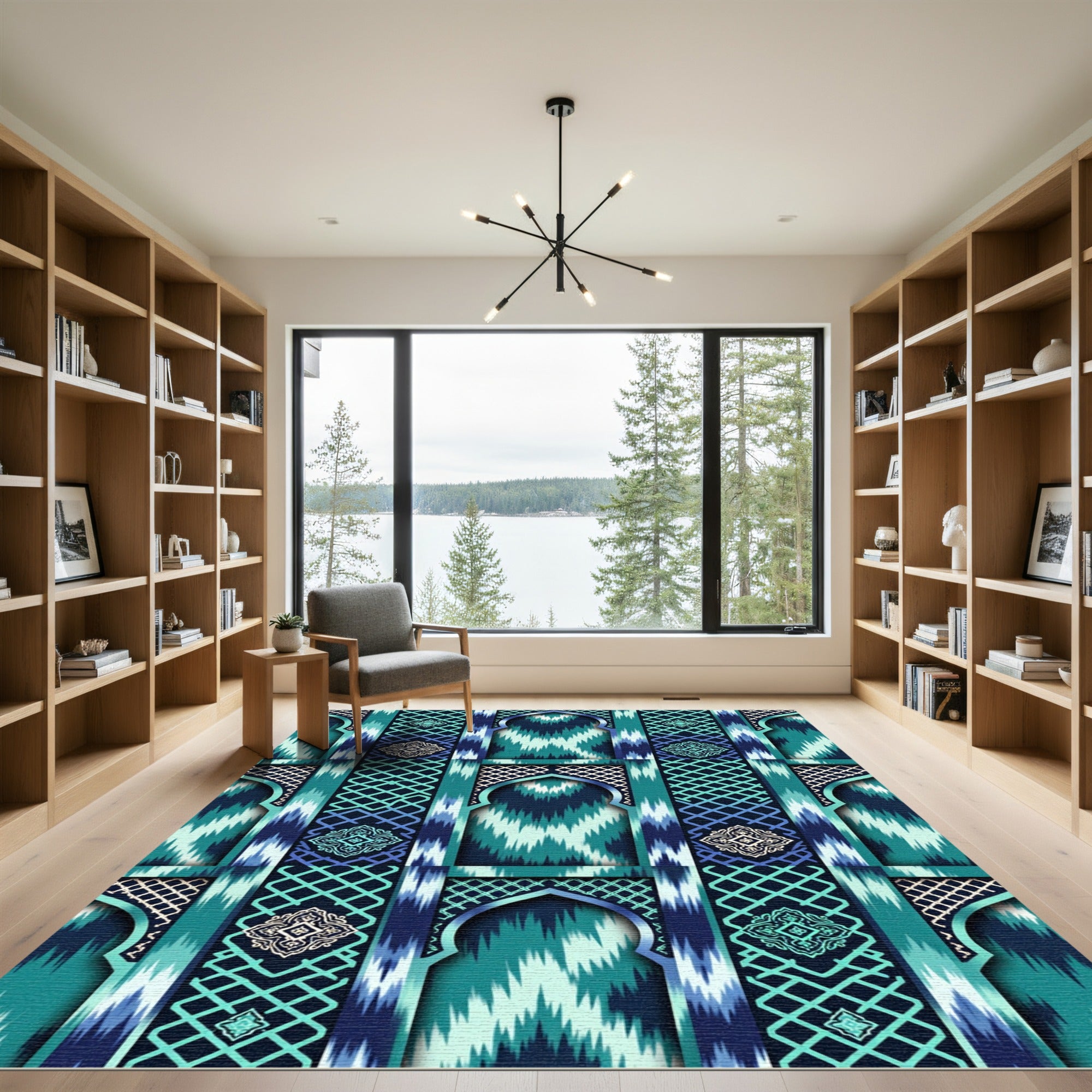 Teal Ikat Arch Lattice Geometric Rug