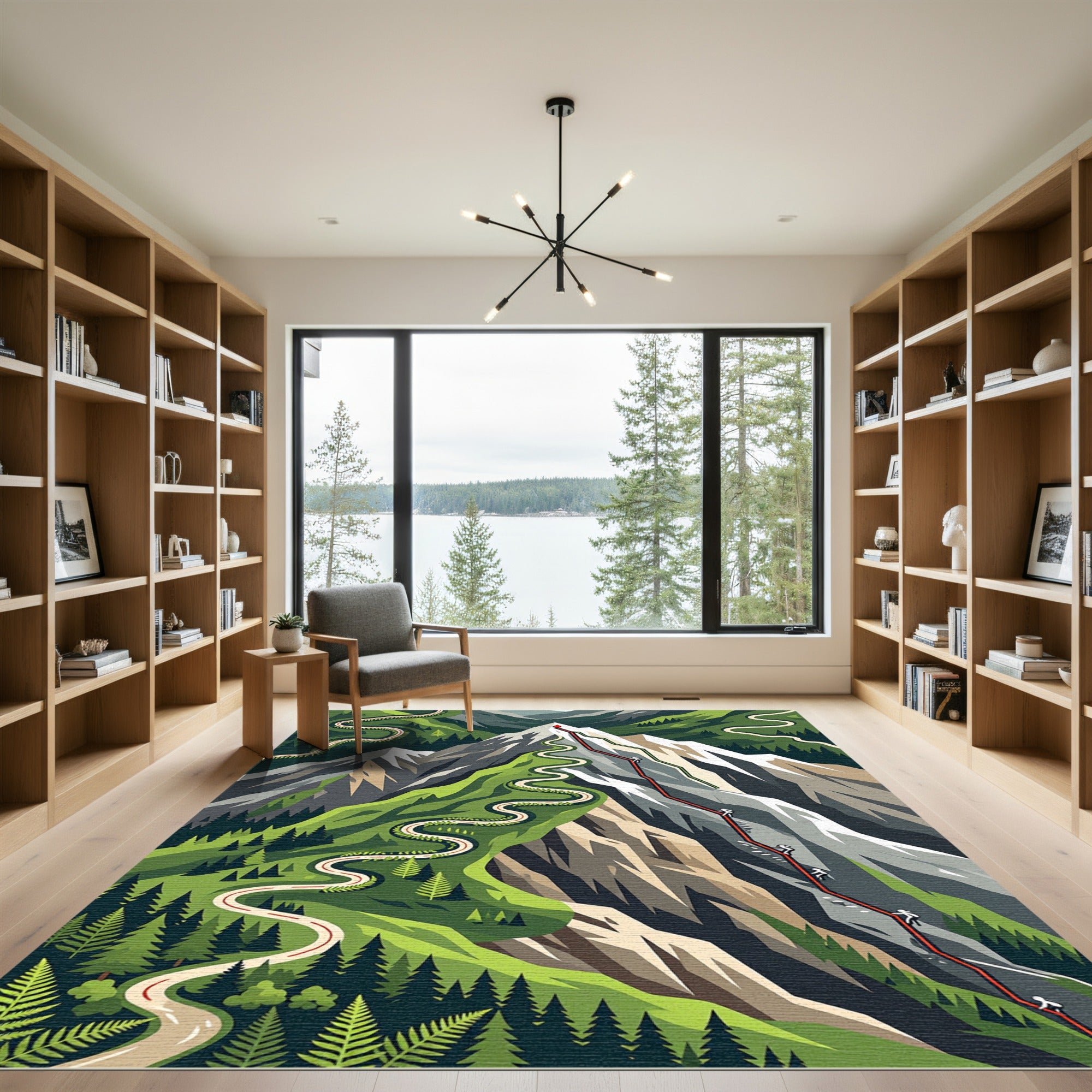 Serene Mountain Landscape Alpine Peak Illustration Rug